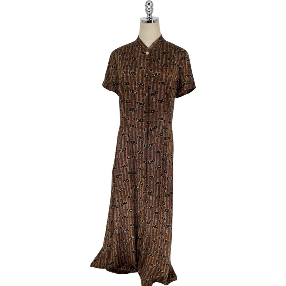 The J. Peterman Company Dress Womens Size 12 Silk Brown Black Stripe Print Maxi